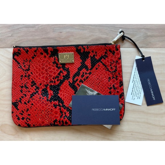 Rebecca Minkoff Handbags - Rebecca Minkoff Erin Clutch Red Black Fluoro Snake Leather Zipper Pouch NEW